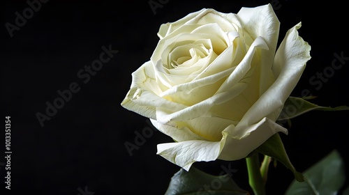 Close-up of a single white rose on a black background, symbolizing mourning and remembrance, slightly wilted to emphasize the somber theme.