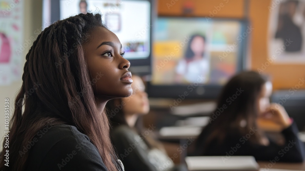 A school presentation on racial bias in media, with students analyzing how race is portrayed in films and television, emphasizing the importance of accurate representation A school presentation on racial bias in media, with students analyzing how race is portrayed in films and television, emphasizing the importance of accurate representation