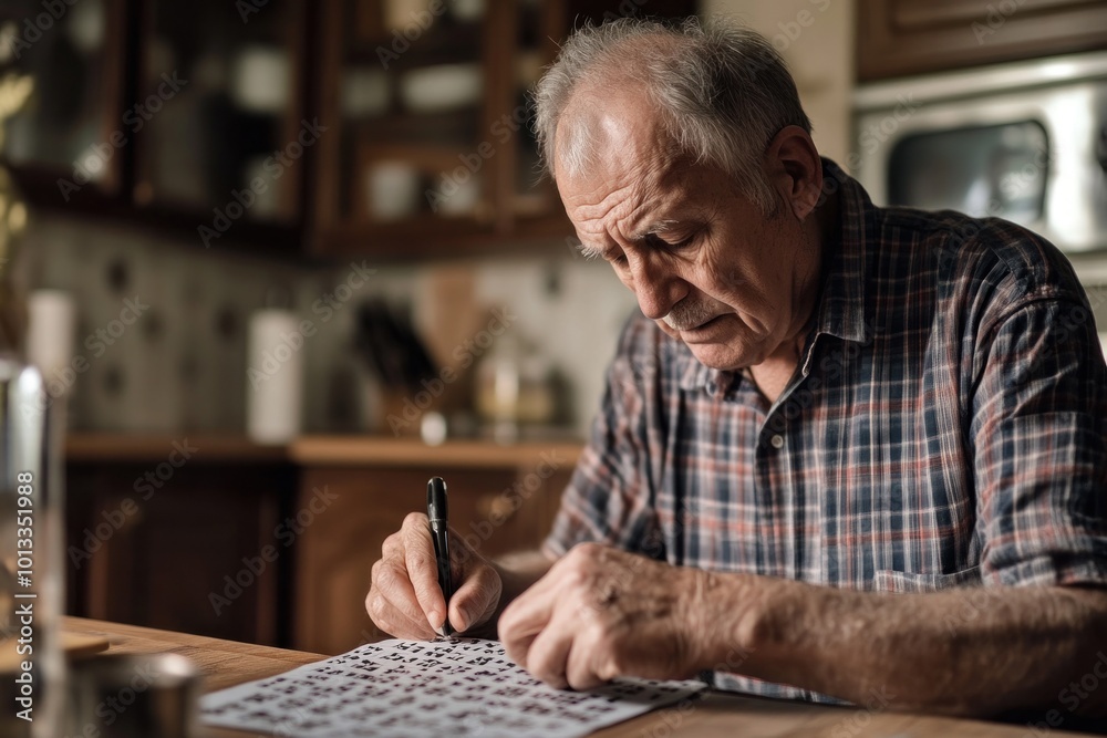 A senior man solving a crossword puzzle in his kitchen, focused and thoughtful, demonstrating the mental exercise and enjoyment that puzzles offer for older adults A senior man solving a crossword puzzle in his kitchen, focused and thoughtful, demonstrating the mental exercise and enjoyment that puzzles offer for older adults