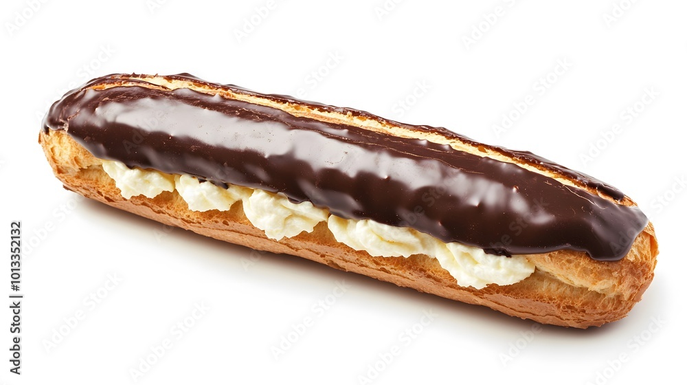 Realistic display of a chocolate éclair with a glossy chocolate glaze and cream filling visible from the side on a white background