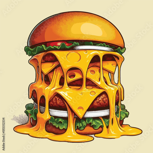 slice of cheddar cheese melting and dripping onto a sizzling grilled sandwich vector