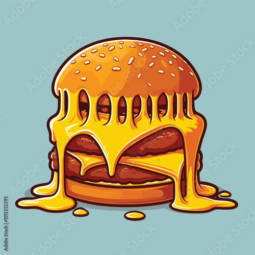 slice of cheddar cheese melting and dripping onto a sizzling grilled sandwich vector