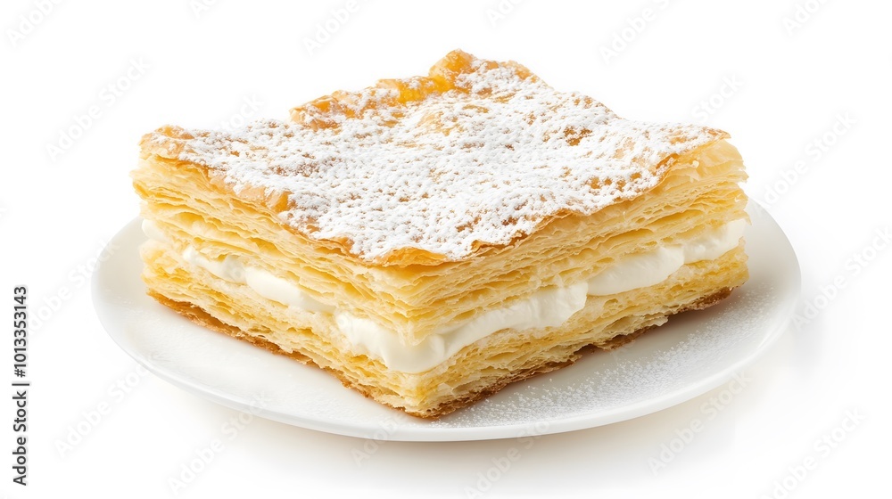 Realistic close-up of a slice of mille-feuille with layers of puff pastry and vanilla cream on a white background, showcasing the contrast between the crispy layers Realistic close-up of a slice of mille-feuille with layers of puff pastry and vanilla cream on a white background, showcasing the contrast between the crispy layers
