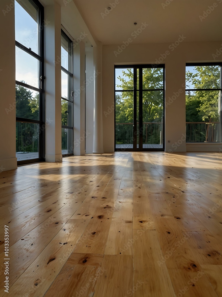 Newly sanded wooden floor in a bright living room with large windows. Newly sanded wooden floor in a bright living room with large windows.