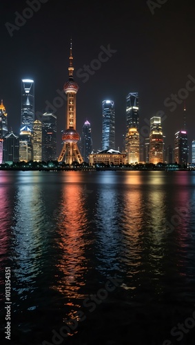 Night view of Shanghai's skyline with lights reflecting in the water.