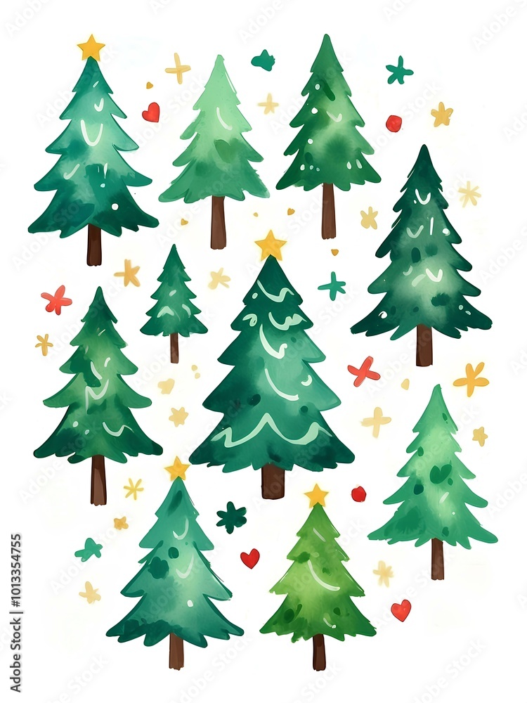 Fototapeta premium Watercolor christmas tree, pine tree, xmas clipart, christmas card invitation, decor, gift box, white background