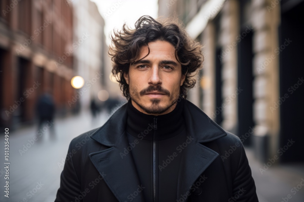 Portrait of a handsome man with curly hair in a black coat on a city street Portrait of a handsome man with curly hair in a black coat on a city street