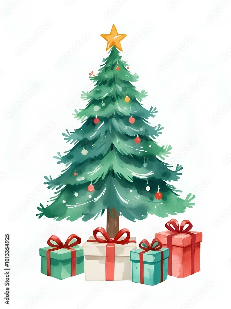 Watercolor christmas tree, pine tree, xmas clipart, christmas card invitation, decor, gift box, white background Watercolor christmas tree, pine tree, xmas clipart, christmas card invitation, decor, gift box, white background