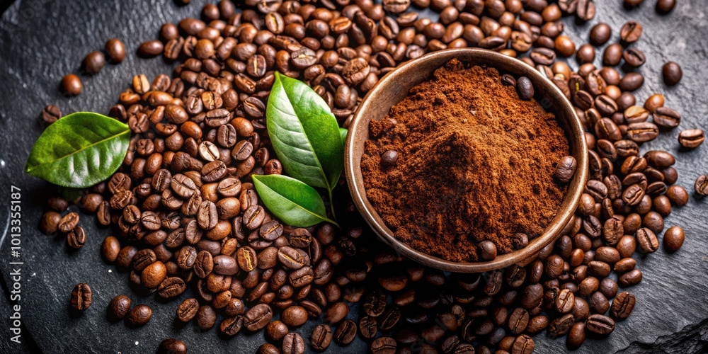 Coffee beans and ground coffee in a rustic bowl. Coffee beans and ground coffee in a rustic bowl.