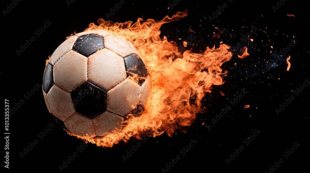 Naklejka premium A flaming soccer ball in motion with intense fire and sparks against a dark background.