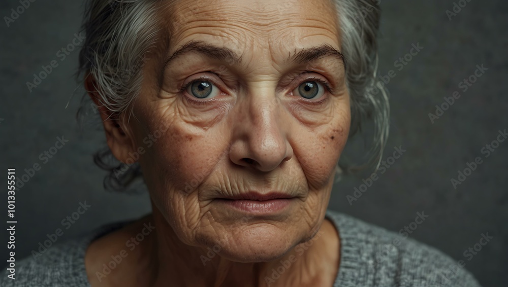 Old woman with deep wrinkles on a gray background.