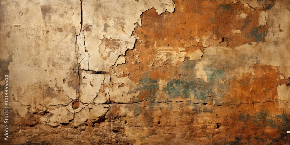 Obraz premium A weathered wall with a complex network of cracks, revealing layers of paint and time, showcasing the passage of years and the resilience of structure.