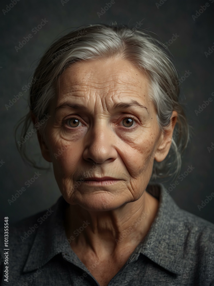 Old woman with deep wrinkles on gray background. Old woman with deep wrinkles on gray background.