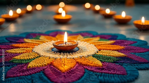 Colorful rangoli adorned with lit diyas celebrates Diwali, symbolizing light and prosperity