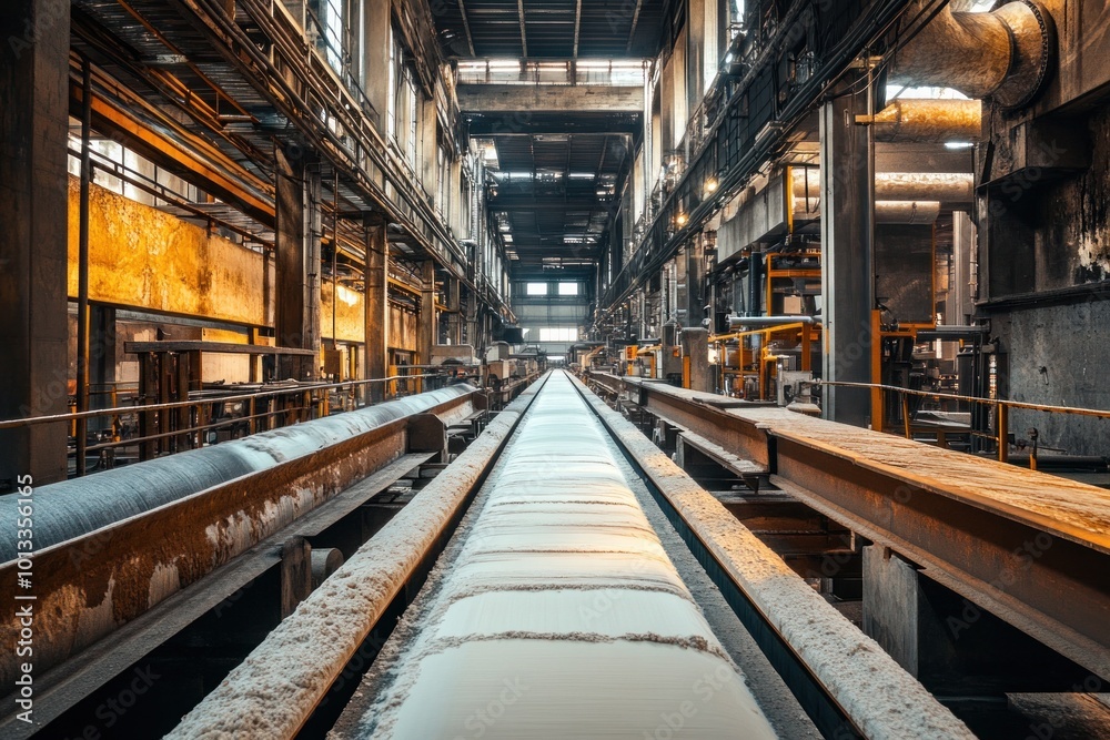 The inside of a modern paper manufacturing factory, with conveyor belts transporting raw pulp through the processing stages, highlighting the scale of industrial paper production The inside of a modern paper manufacturing factory, with conveyor belts transporting raw pulp through the processing stages, highlighting the scale of industrial paper production