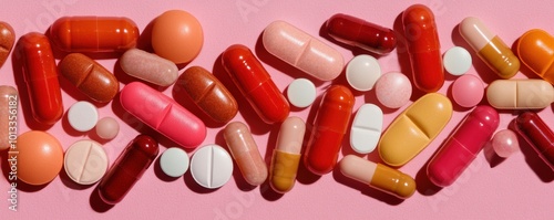 Colorful capsules and tablets on a pink background for health and wellness themes.