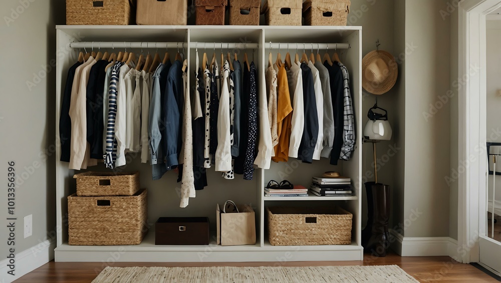Organized tiny closet with space-saving solutions. Organized tiny closet with space-saving solutions.