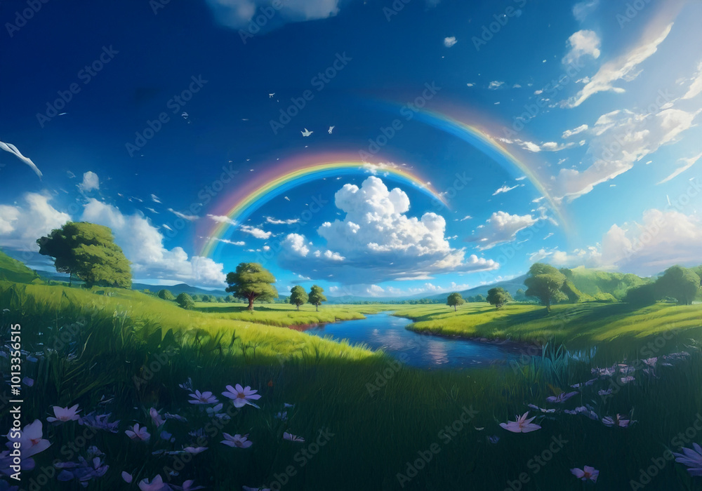 A rainbow arcs over a grassy meadow, a winding river flows through the landscape, and a large fluffy cloud floats above a blue sky. A rainbow arcs over a grassy meadow, a winding river flows through the landscape, and a large fluffy cloud floats above a blue sky.