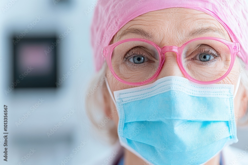 Elderly female nurse wearing glasses and a face mask, focused on patient care. Elderly female nurse wearing glasses and a face mask, focused on patient care.