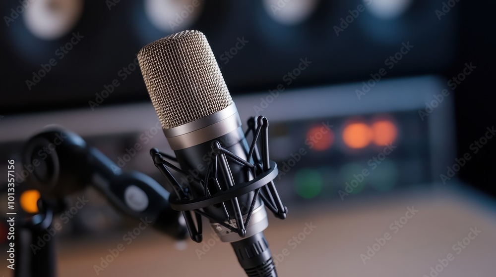 Microphone in a recording studio, focused view on audio equipment. Microphone in a recording studio, focused view on audio equipment.