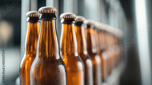 Row of amber beer bottles on a shelf, blurred background. photo