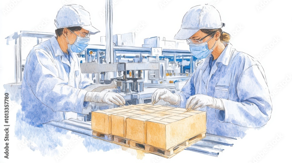 Two workers in masks and uniforms assembling packages in a factory setting. Two workers in masks and uniforms assembling packages in a factory setting.