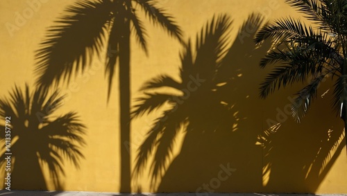 Palm tree leaves cast shadows against a yellow wall.