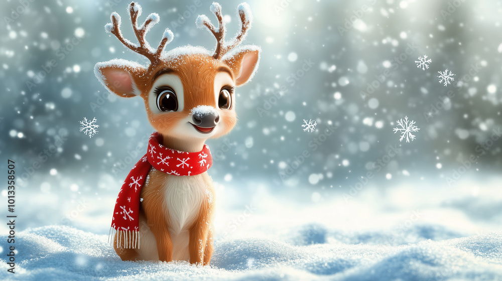 Adorable Cartoon Reindeer in a Snowy Winter Wonderland with Falling Snowflakes
Adorable Cartoon Reindeer in a Snowy Winter Wonderland with Falling Snowflakes