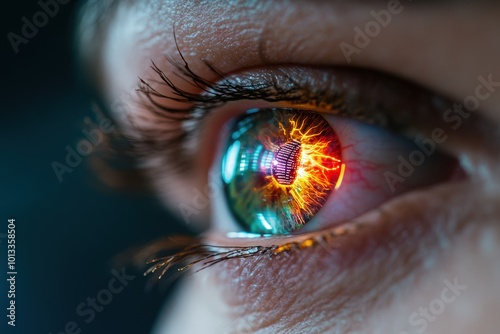 Close-up of an eye with vivid electronic circuit reflections, capturing the essence of futuristic technology and the convergence of human and machine vision.