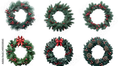 festive Christmas wreath adorned with a red bow and ornaments on transparent background