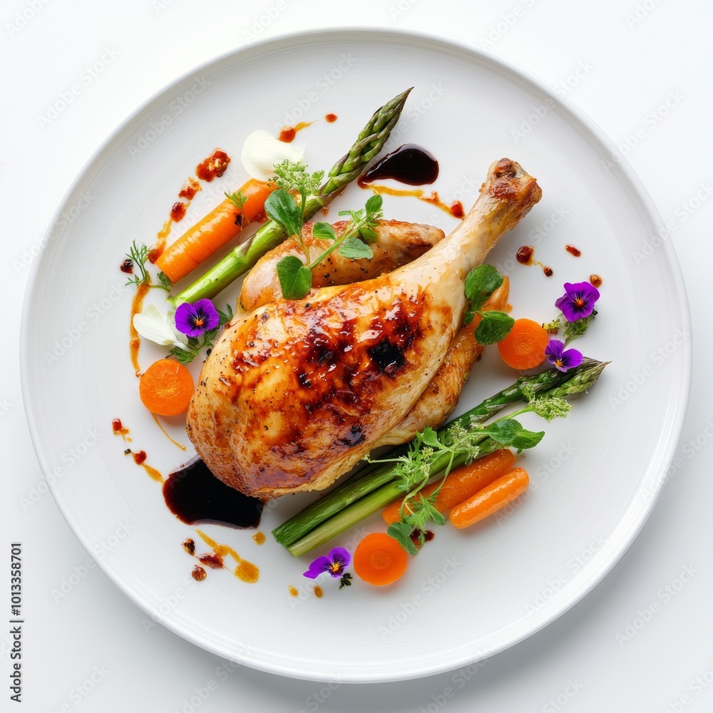 A beautifully plated roasted bresse chicken with vegetables and garnishes. A beautifully plated roasted bresse chicken with vegetables and garnishes.