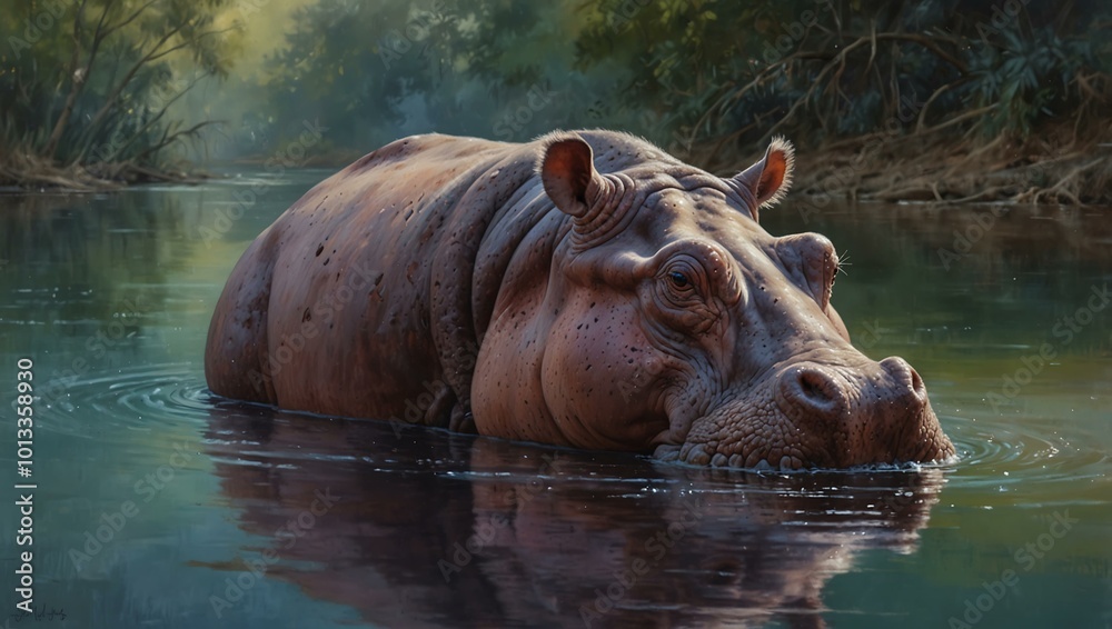 Pastel-colored oil painting of a hippo. Pastel-colored oil painting of a hippo.