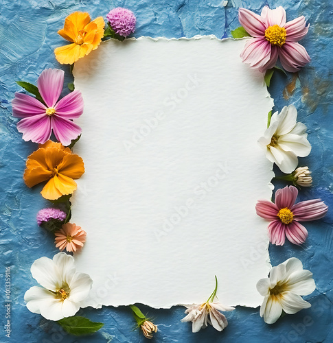 Delicate Pink design and White Flowers Surrounding a White Paper Frame on a Textured Blue Background design