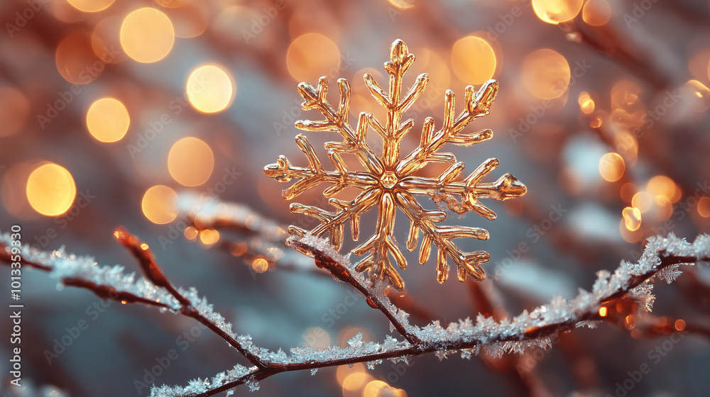Golden Snowflake on Frosty Branches - Festive Winter Scene
