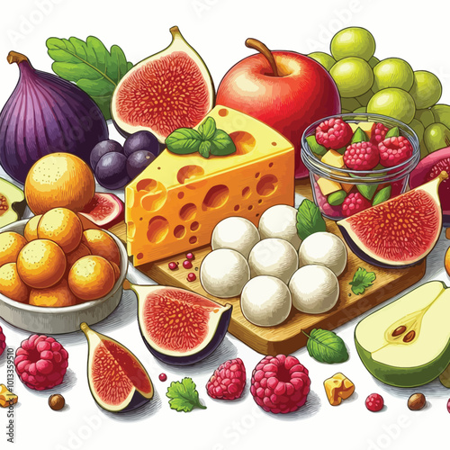 snack set featuring cheddar cheese slices and mozzarella balls, paired with a vibrant assortment of fruits, like figs vector