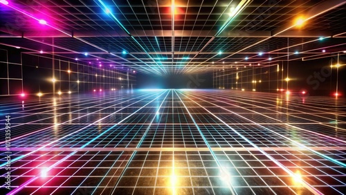 Vibrant disco dance floor with colorful light beams.