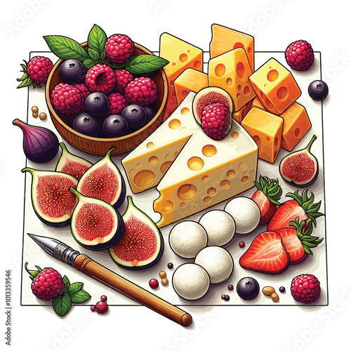 snack set featuring cheddar cheese slices and mozzarella balls, paired with a vibrant assortment of fruits, like figs vector