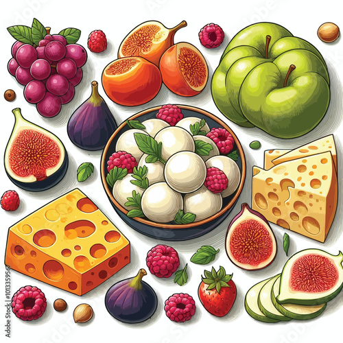 snack set featuring cheddar cheese slices and mozzarella balls, paired with a vibrant assortment of fruits, like figs vector