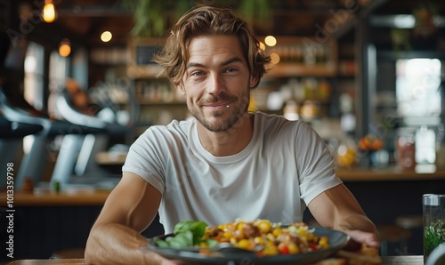 Young man enjoys a vibrant meal at a cozy café setting