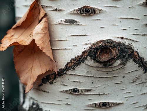 A detailed look at birch bark adorned with eye-like knots, accompanied by dry autumn leaves, reflecting the intriguing patterns found in nature during fall.