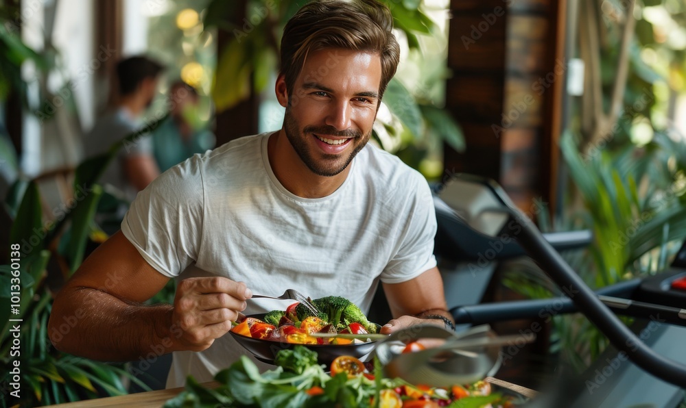 Young man enjoying a healthy salad at a cozy cafe Young man enjoying a healthy salad at a cozy cafe