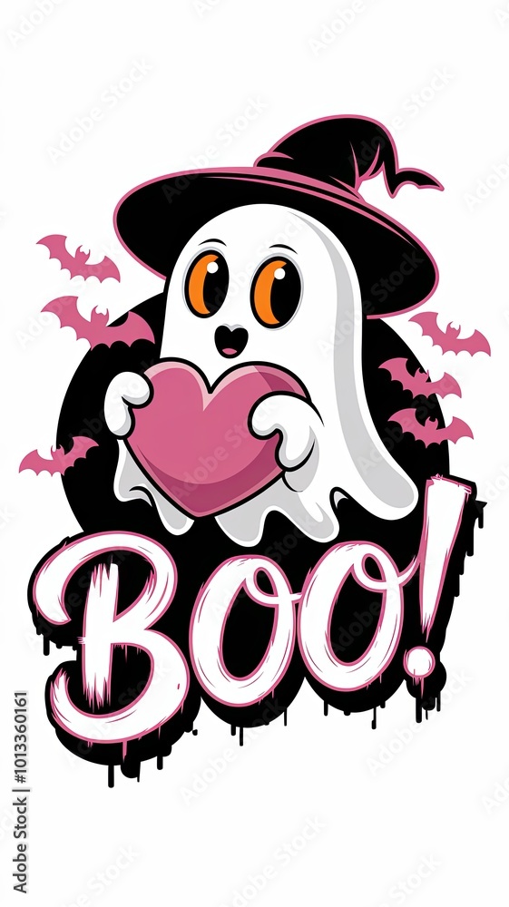 Pink Halloween T-Shirt Design with Cute Ghost, Heart, and Bats - Vector Illustration Generative aI Pink Halloween T-Shirt Design with Cute Ghost, Heart, and Bats - Vector Illustration Generative aI