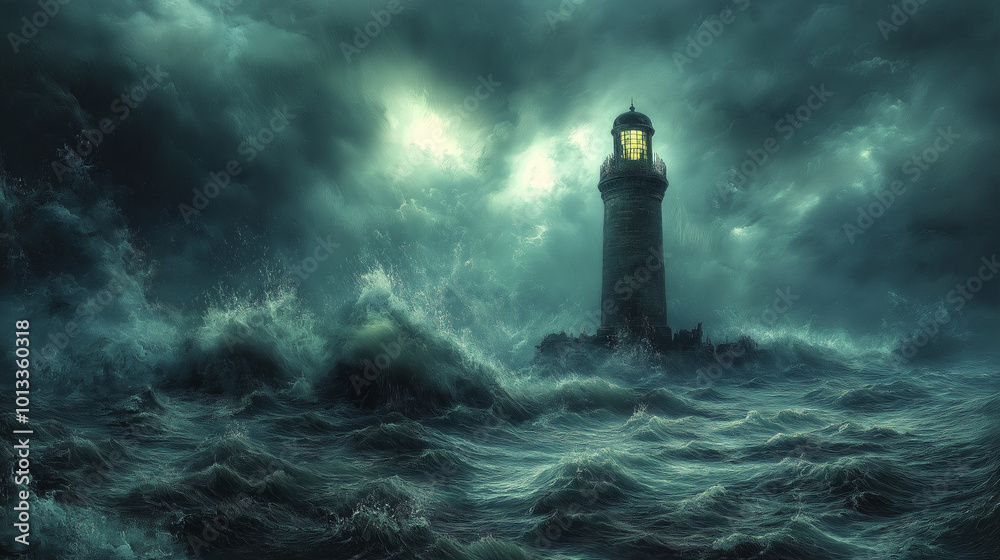 Giant ocean waves and a Lighthouse in a strong storm in the middle of the sea. 