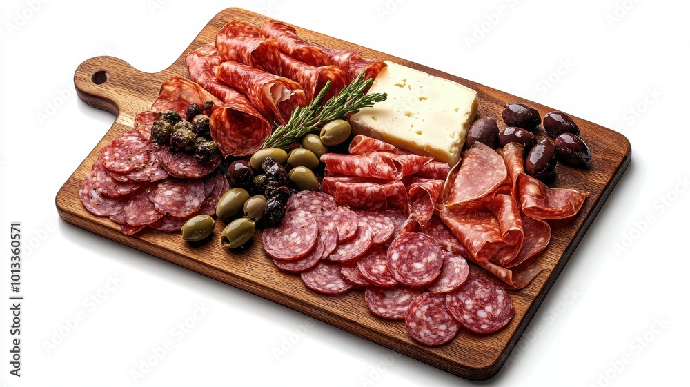 Charcuterie board with a variety of cheeses, salami,Antipasti appetizers of meat and cheese platter with salami, prosciutto crudo or jamon and olives,perfect for social gatherings and wine drink.