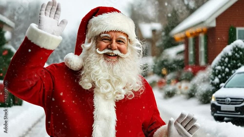 Santa Claus waves joyfully in a snowy neighborhood, embodying the Christmas holiday spirit and cheer