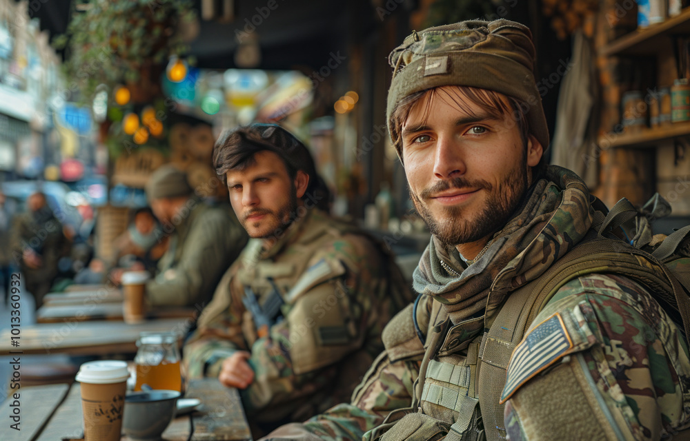 military personnel in a hipster coffee shop drinking coffee. sunny day military personnel in a hipster coffee shop drinking coffee. sunny day