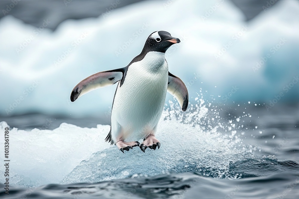 Obraz premium Penguin Diving From an Iceberg Into Icy Waters in a Polar Region During Daytime