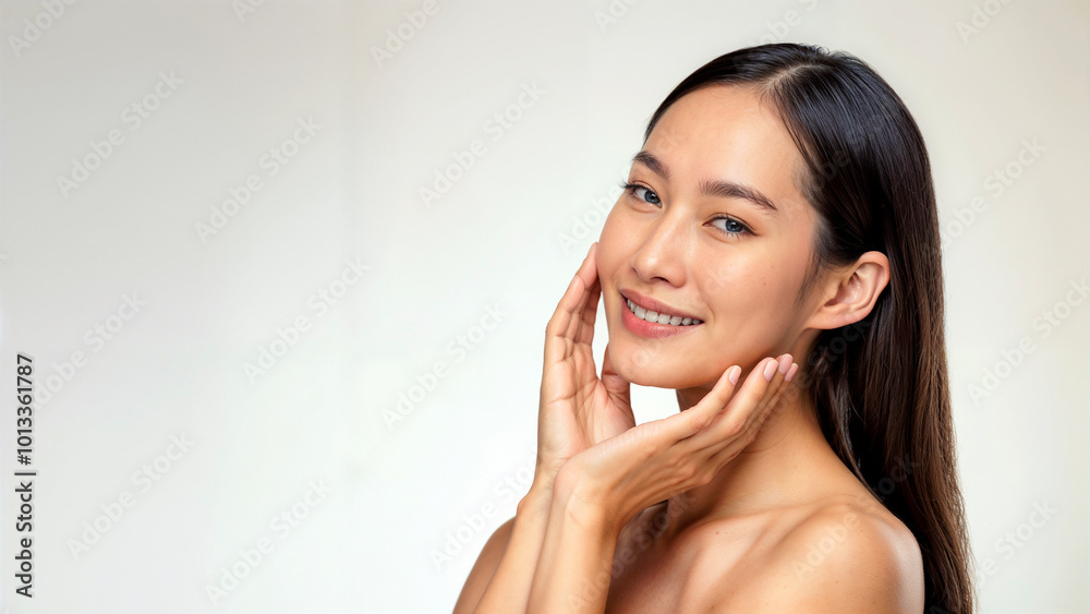 A pretty woman perfect for modelling beauty products. Her hand is placed on her fresh, clean face emphasising her healthy skin A pretty woman perfect for modelling beauty products. Her hand is placed on her fresh, clean face emphasising her healthy skin