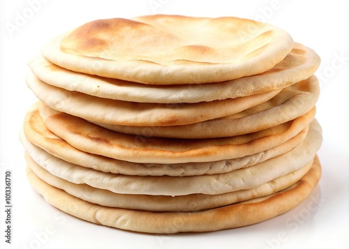 Freshly baked stack of soft, round pita flatbreads with inviting open pockets, showcasing their airy interior, isolated on a clean white studio background.