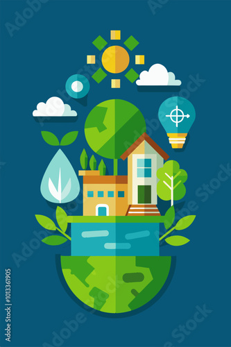 An illustration of a house on a globe surrounded by trees and water